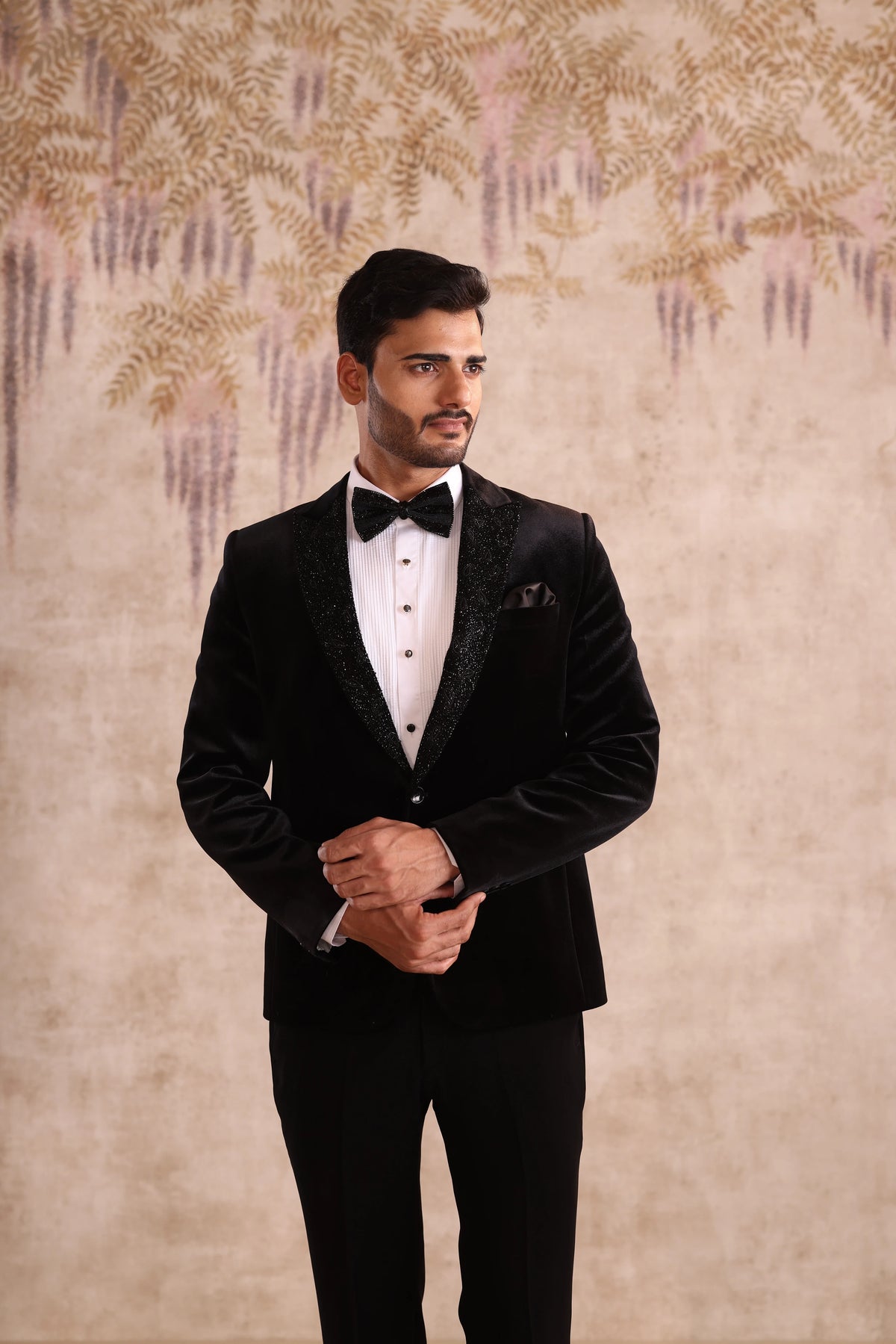 Black Velvet Peak Embroidered Lapel Tuxedo for Men