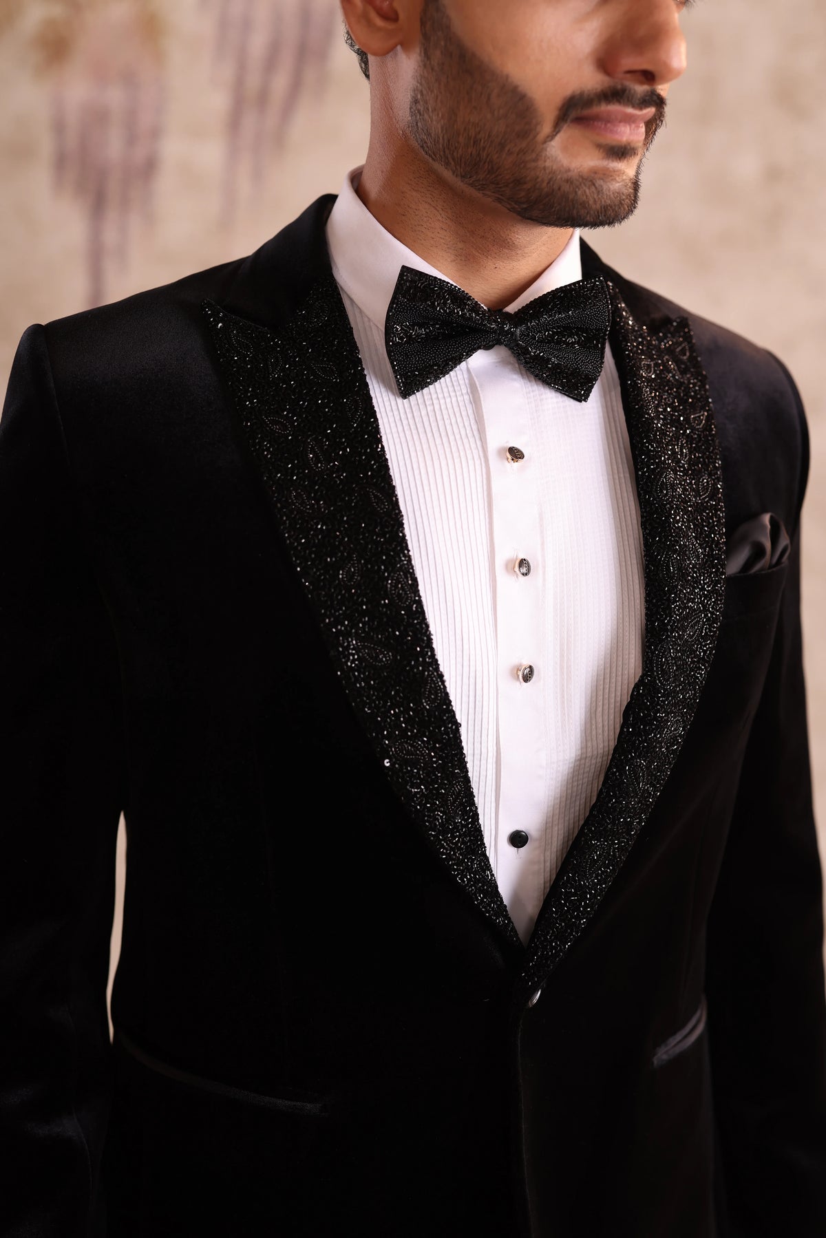Black Velvet Peak Embroidered Lapel Tuxedo for Men