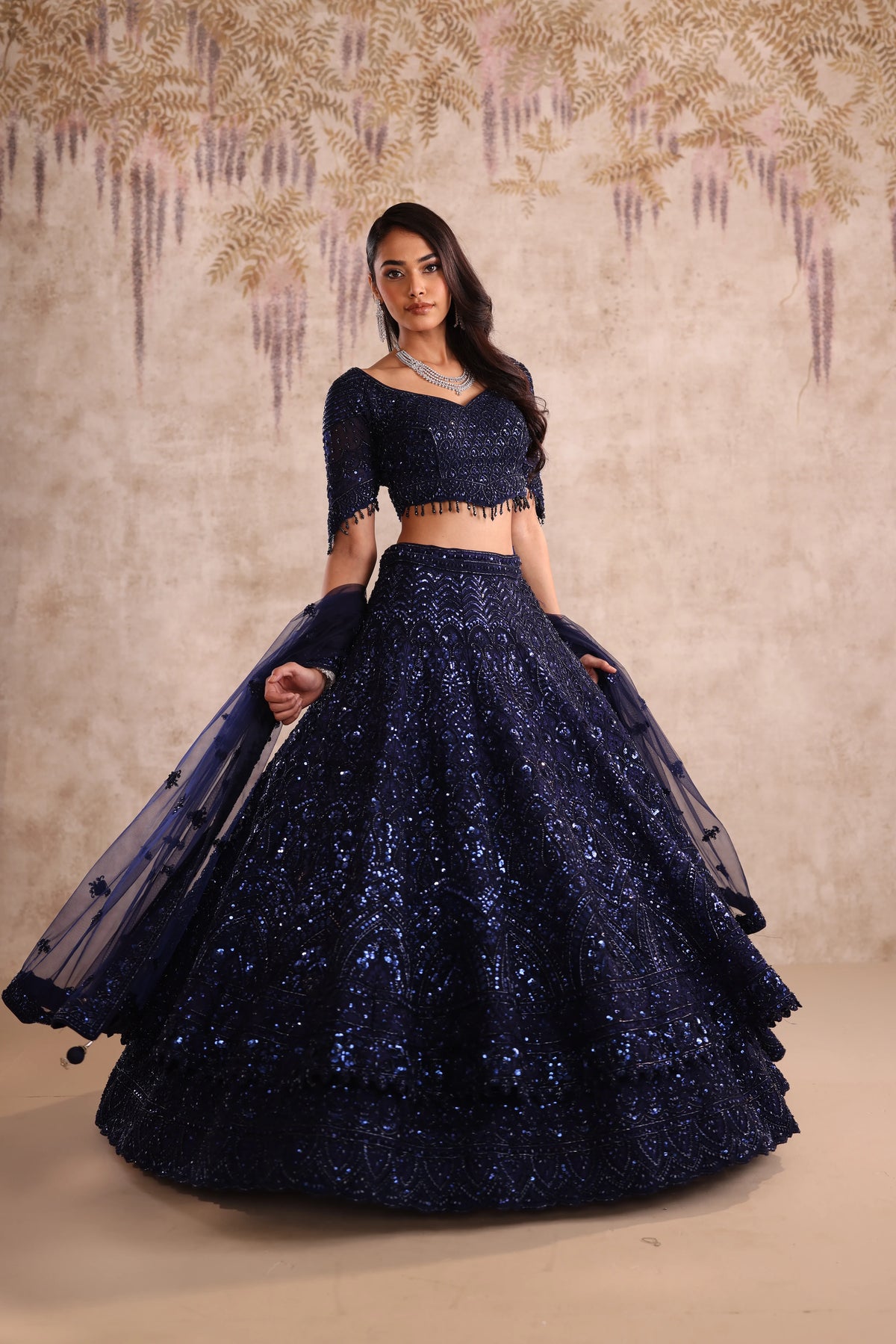 Navy Blue Sequin Embroidered Party Wear Lehenga
