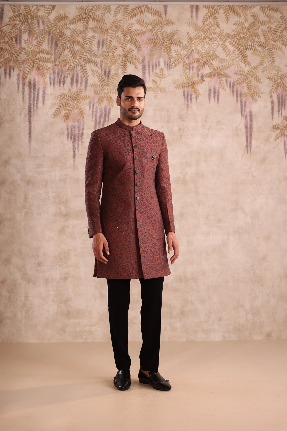 Rust embroidered indo western detailing with button