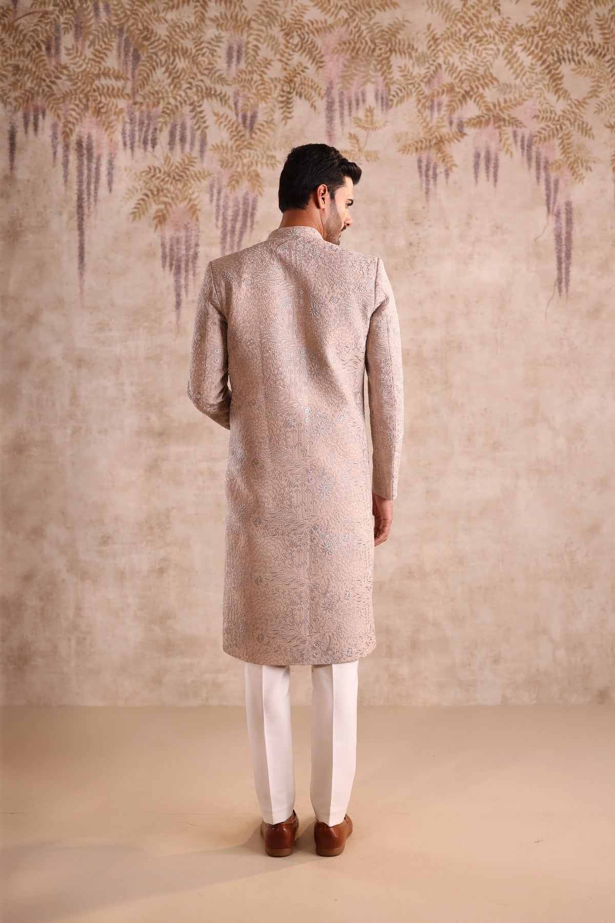 Beige Sherwani highlight with beads embroidery
