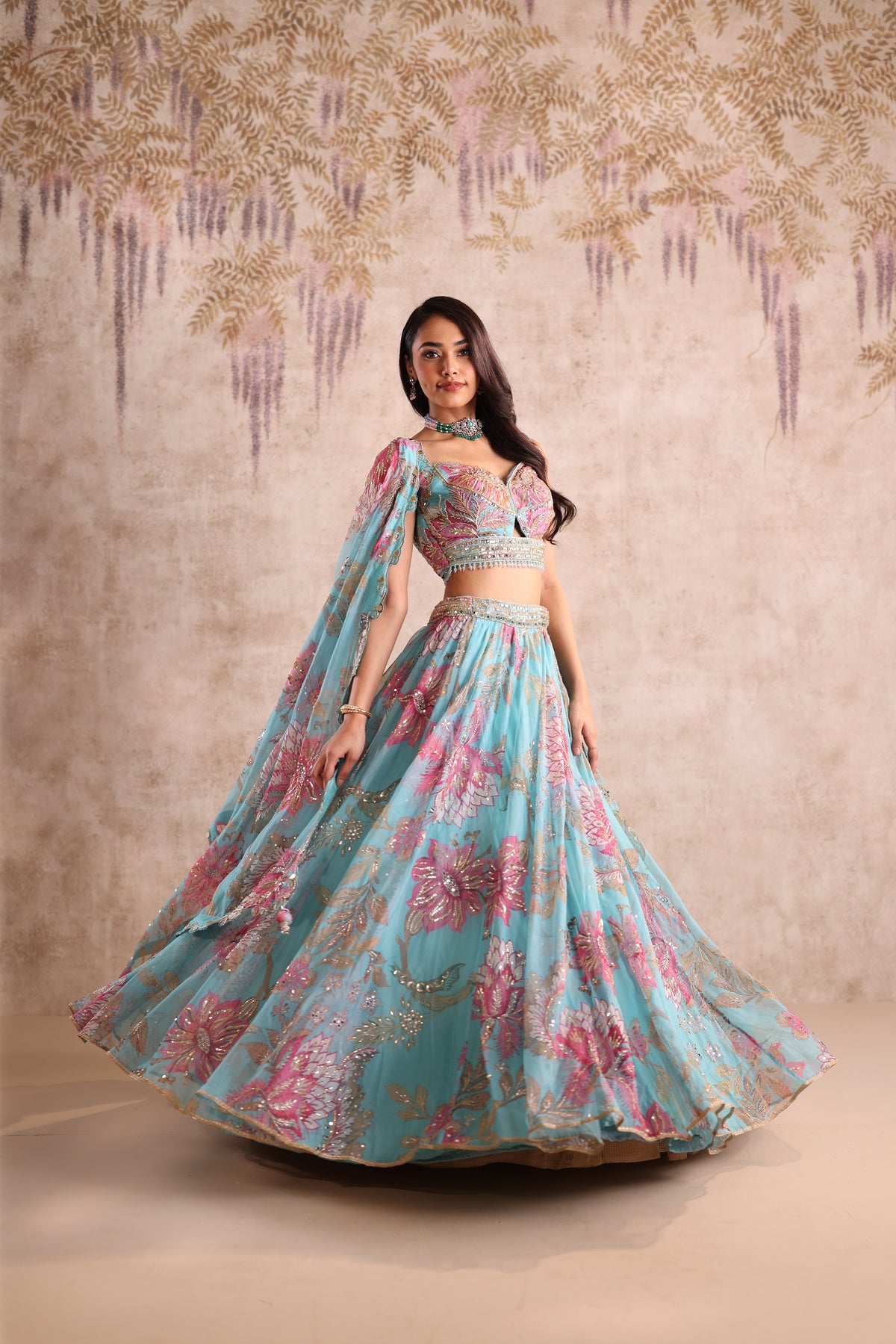 Turquoise Blue Floral Embroidered Party Wear Lehenga
