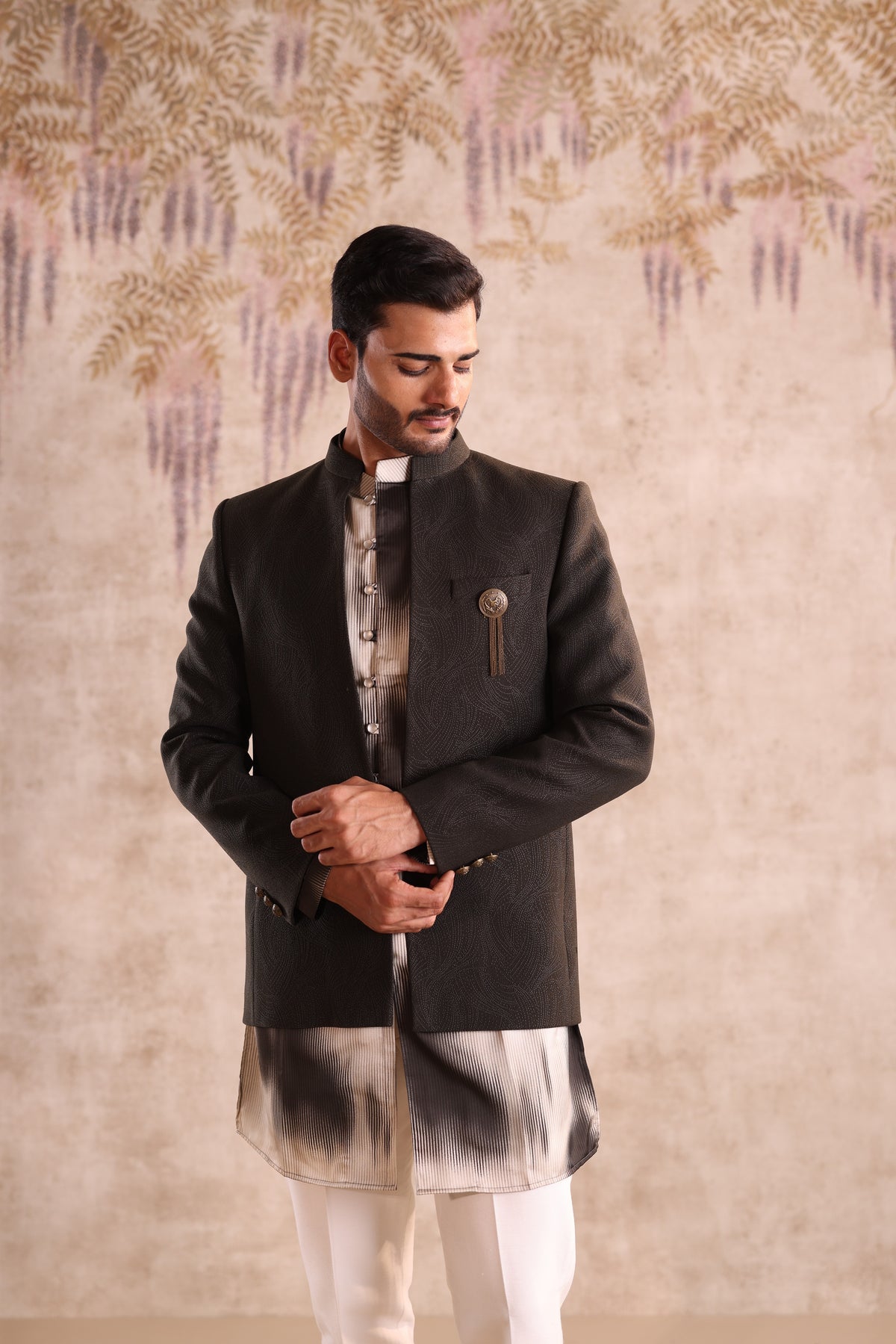 Army green colour open jacket indo western with printed kurta
