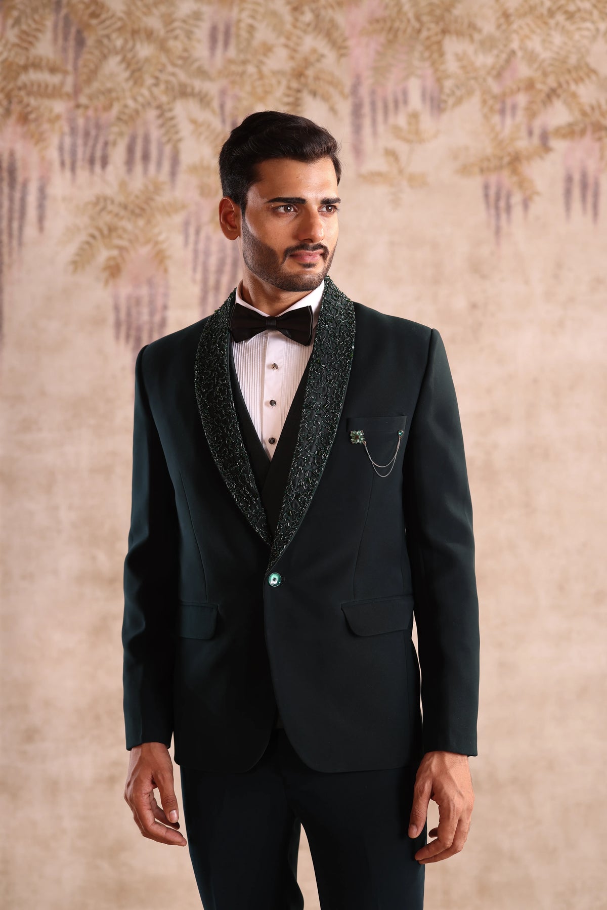 Green Embroidered Shawl Collar Tuxedo for Men