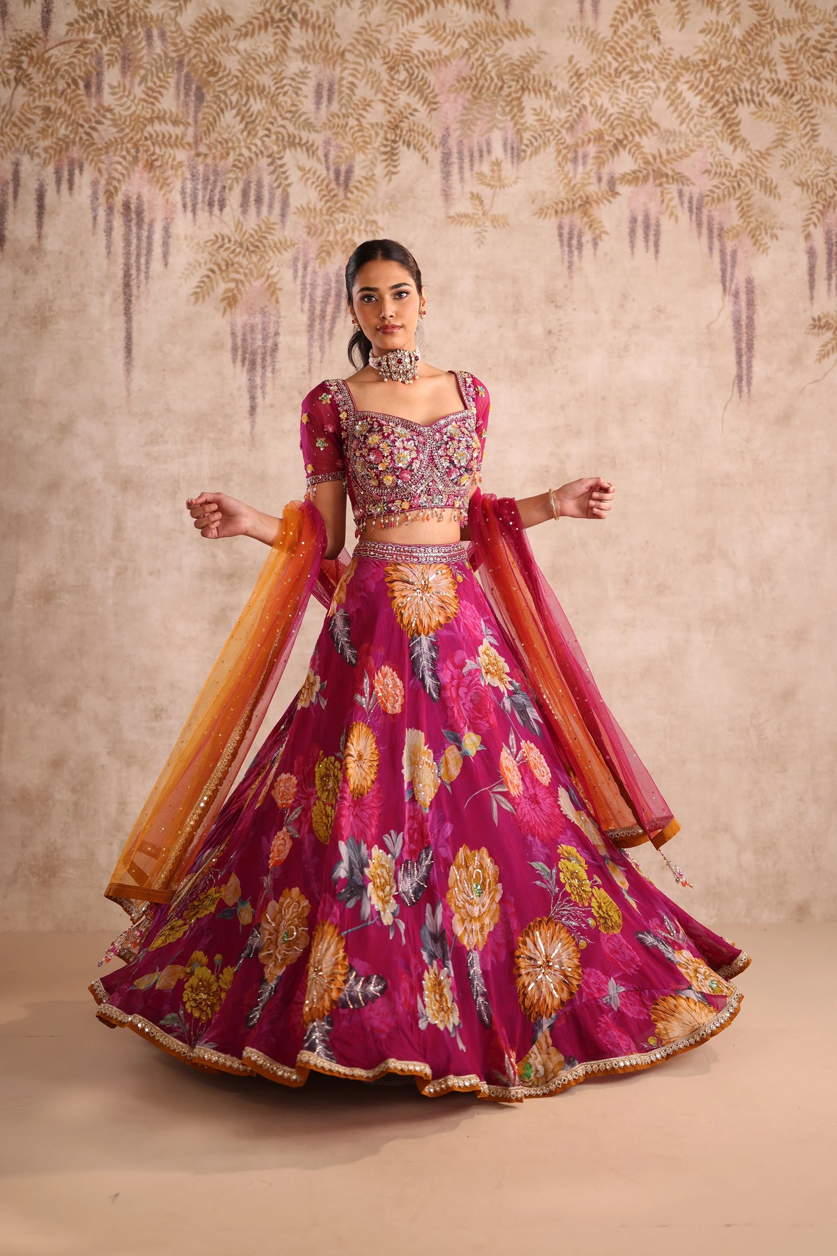 Magenta Floral Embroidered Party Wear Lehenga with Dupatta