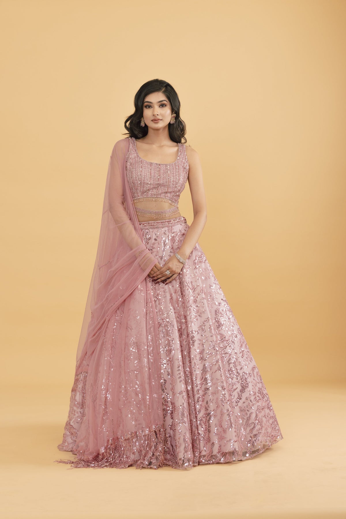 Pink Net Lehenga with Sequins & Pot Embellishments