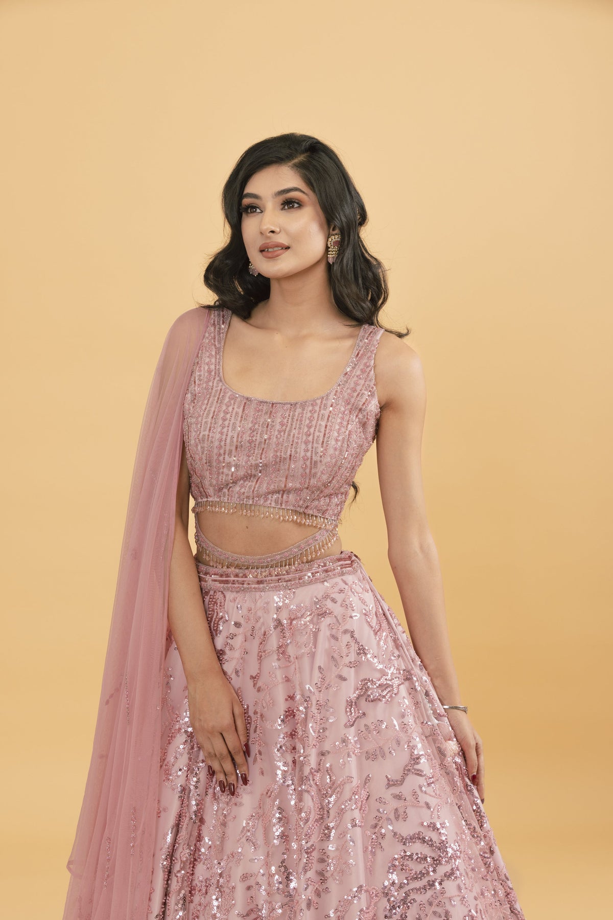 Pink Net Lehenga with Sequins & Pot Embellishments