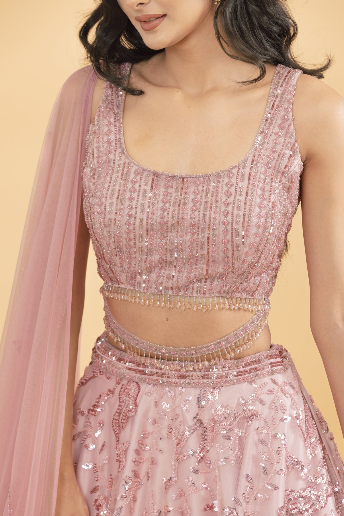 Pink Net Lehenga with Sequins & Pot Embellishments