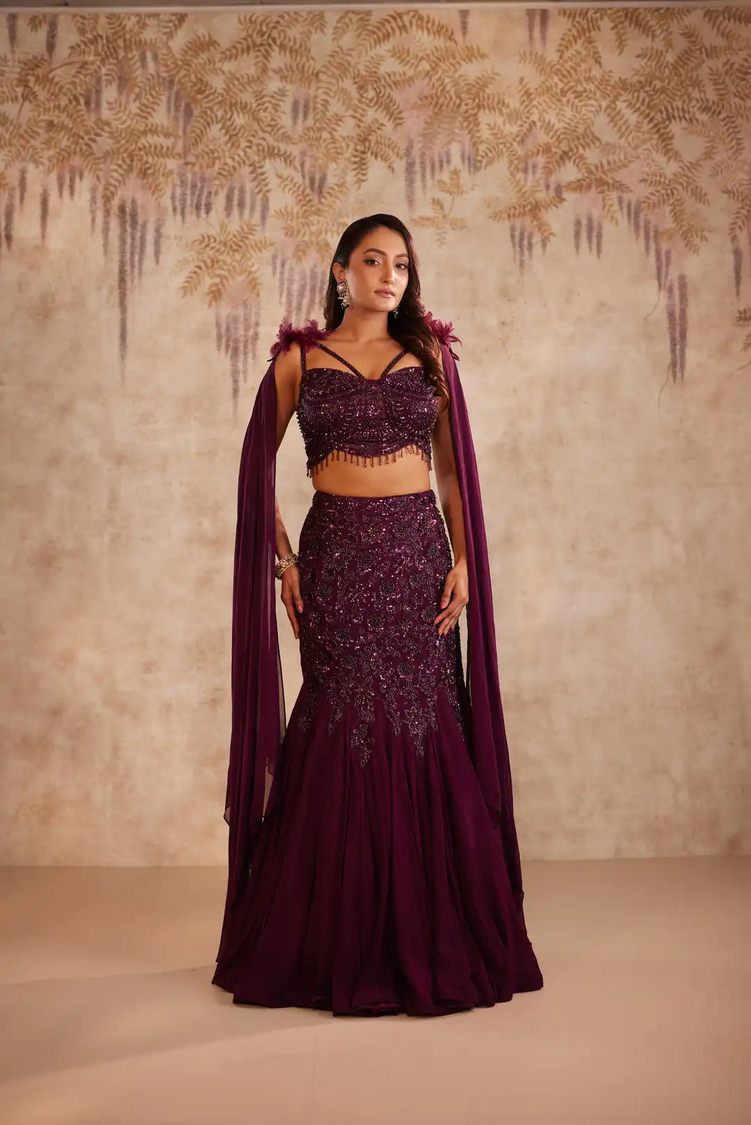 Wine cutdana embellished fishcut lehenga
