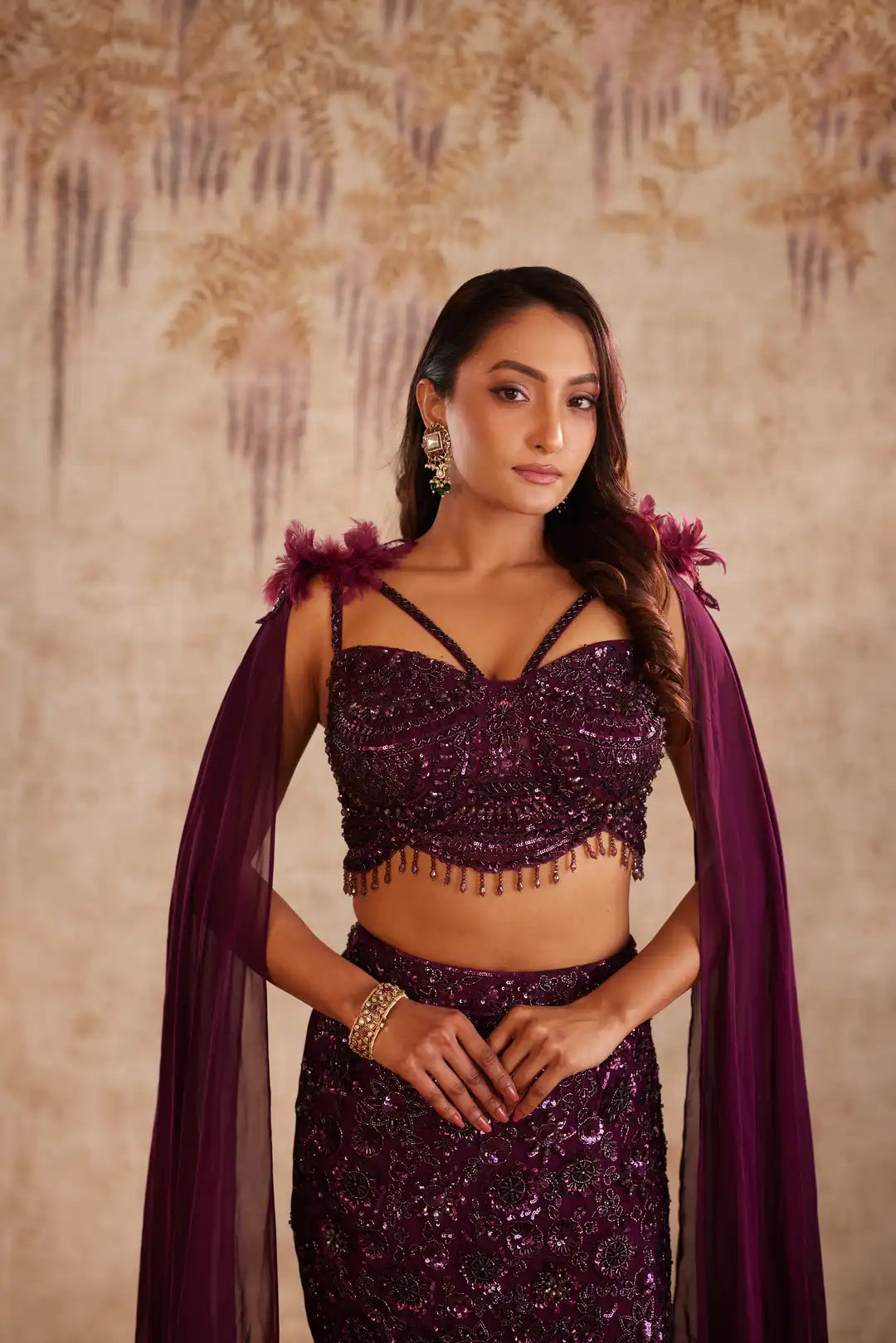 Wine cutdana embellished fishcut lehenga