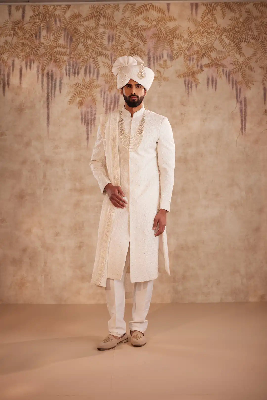Off White Geometric Sherwani for Groom | Contemporary Designer Wedding Sherwani