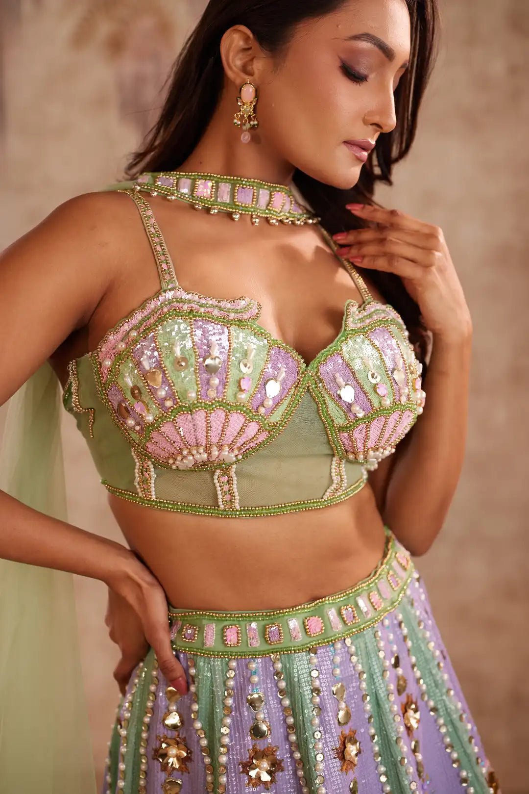 Green heart embroidered lehenga