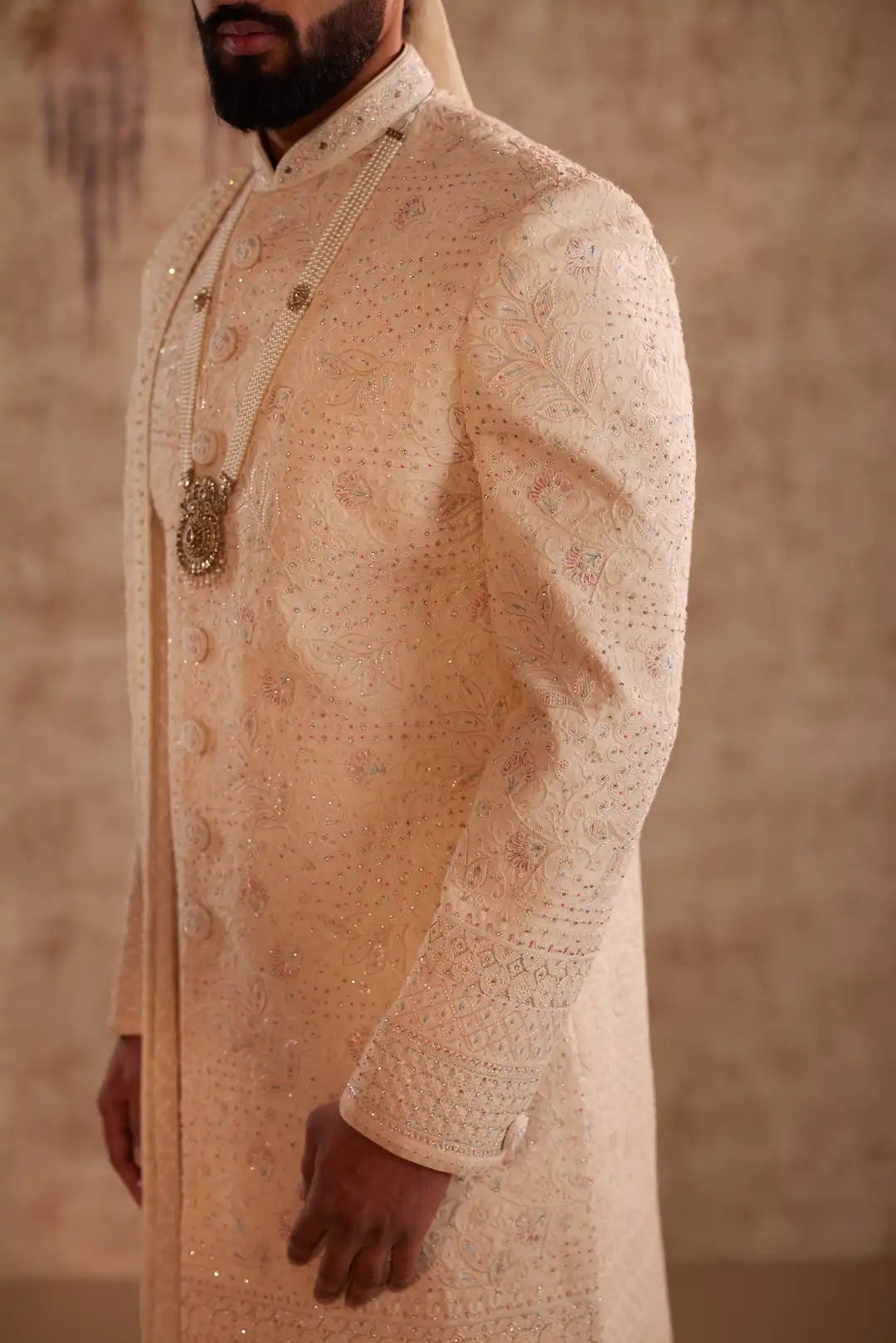 Beige Multicolour Embroidered Sherwani for Groom | Premium Wedding Sherwani