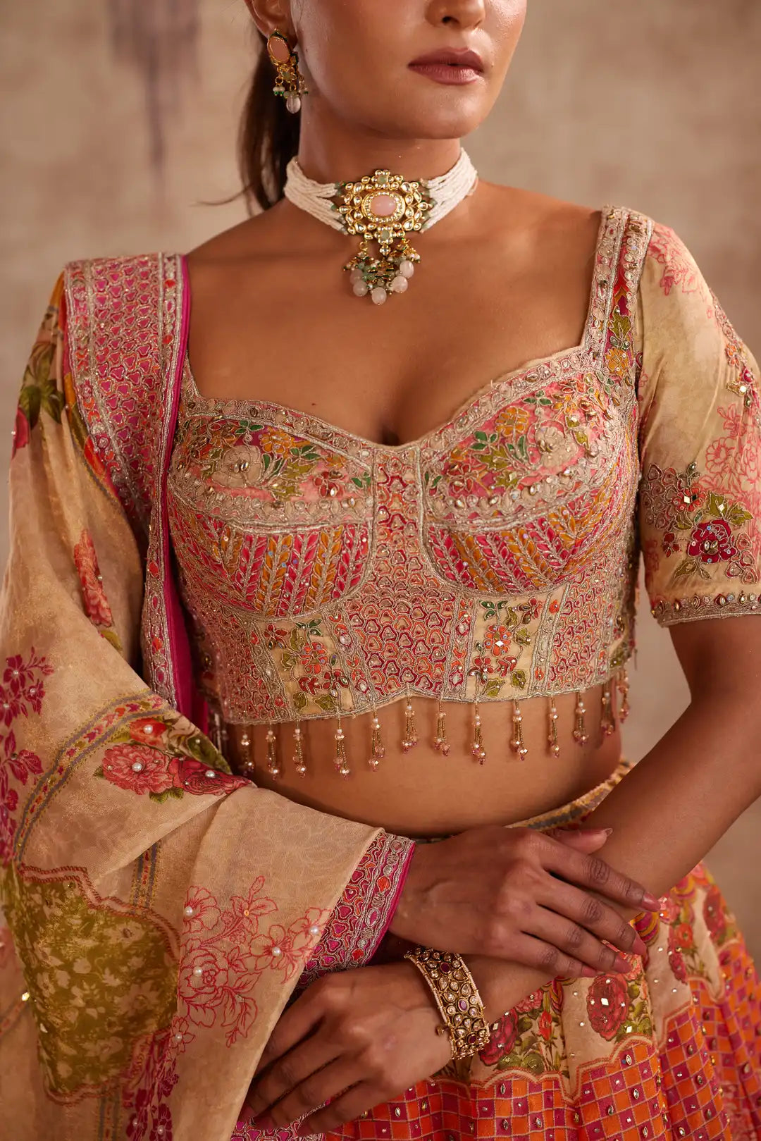 Multicolor Printed Lehenga with Floral Embroidery and Dupatta