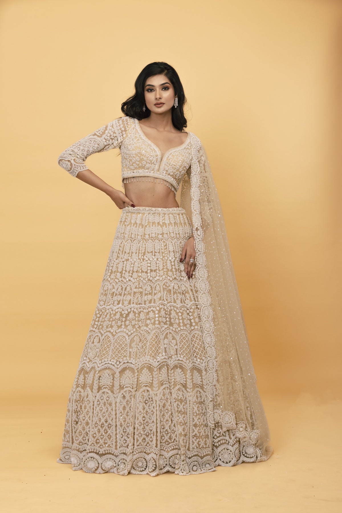 Beige Net Lehenga with Pearl, Sequin & Mirror Embellishments