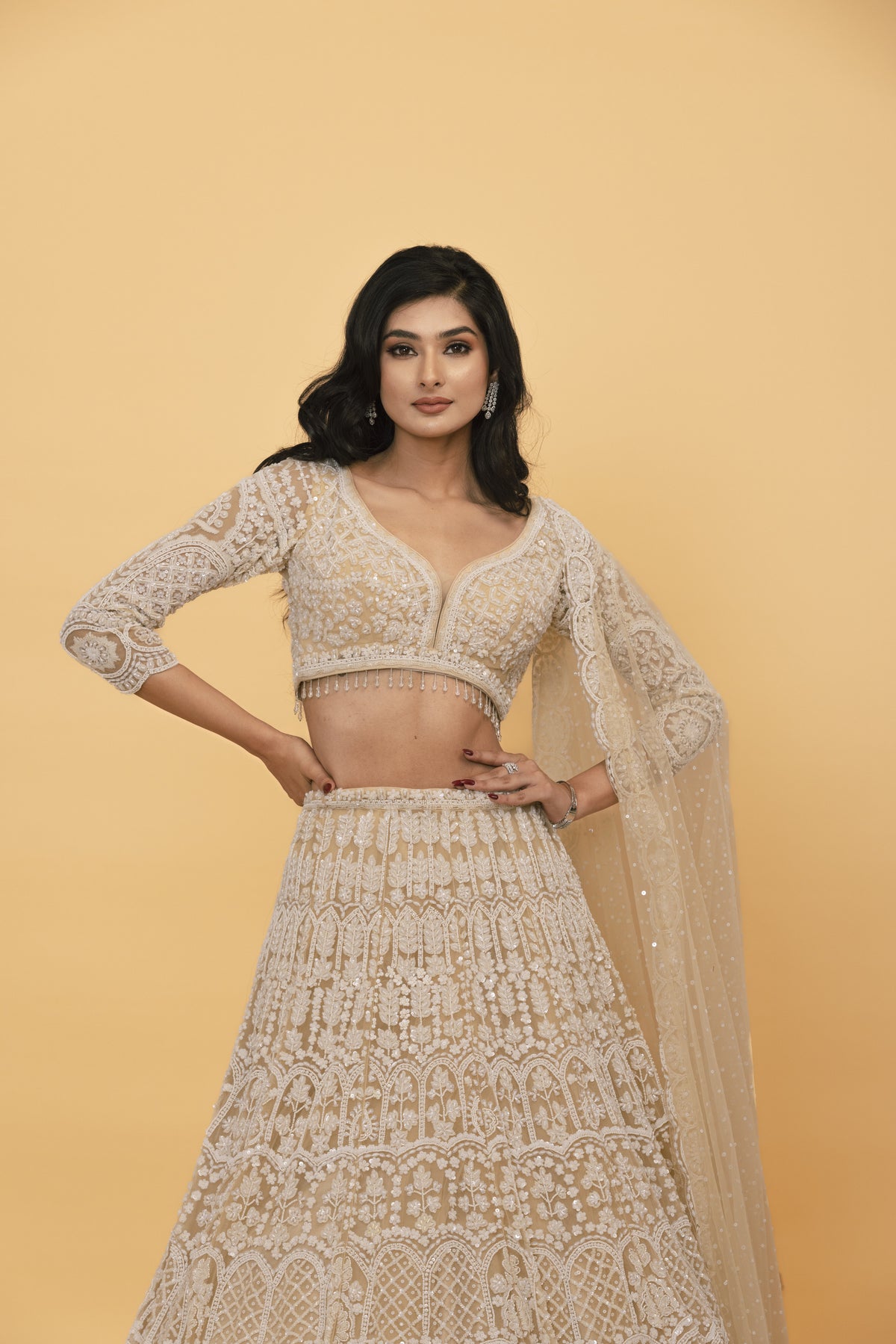 Beige Net Lehenga with Pearl, Sequin & Mirror Embellishments