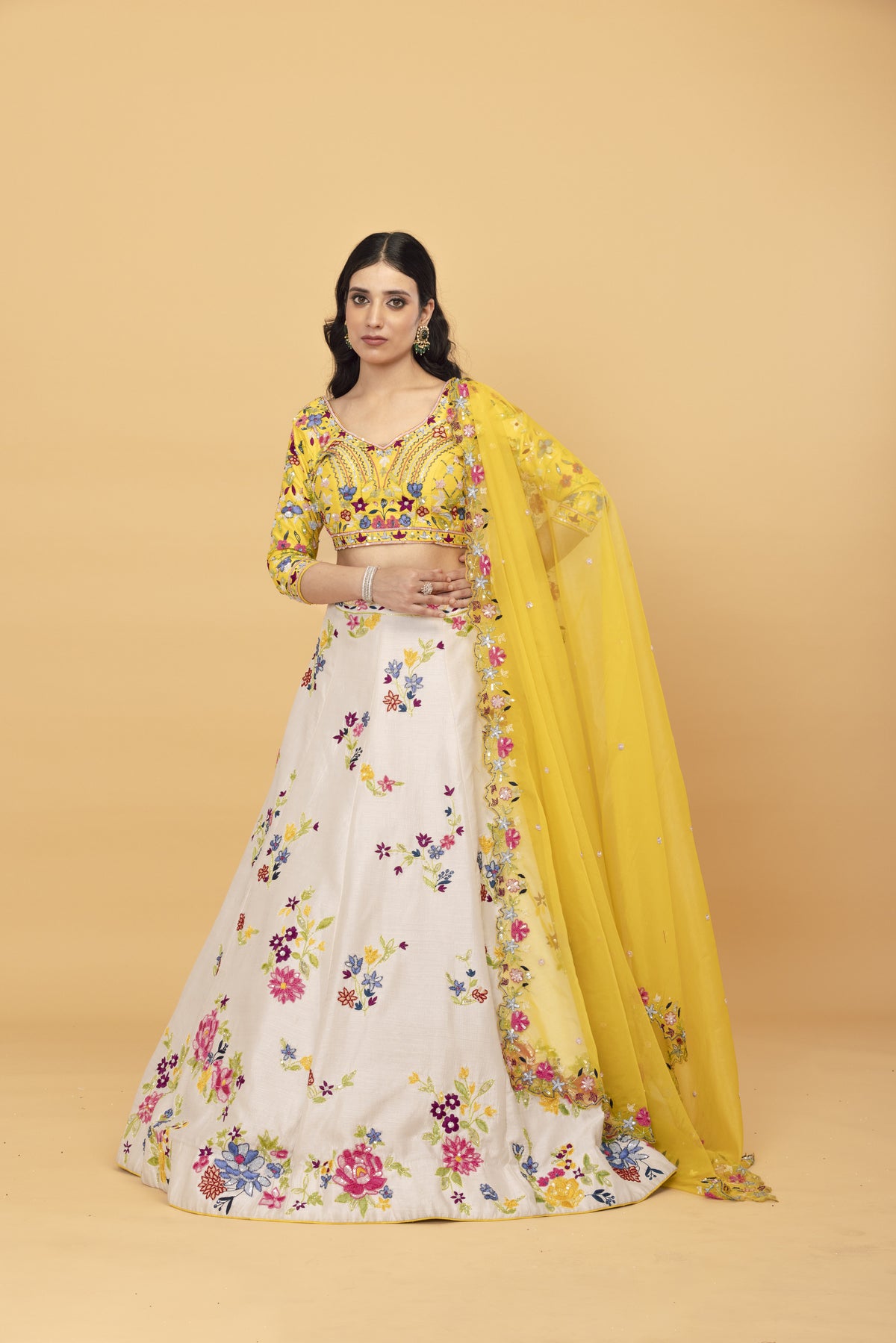 Yellow Net Multicolour Lehenga