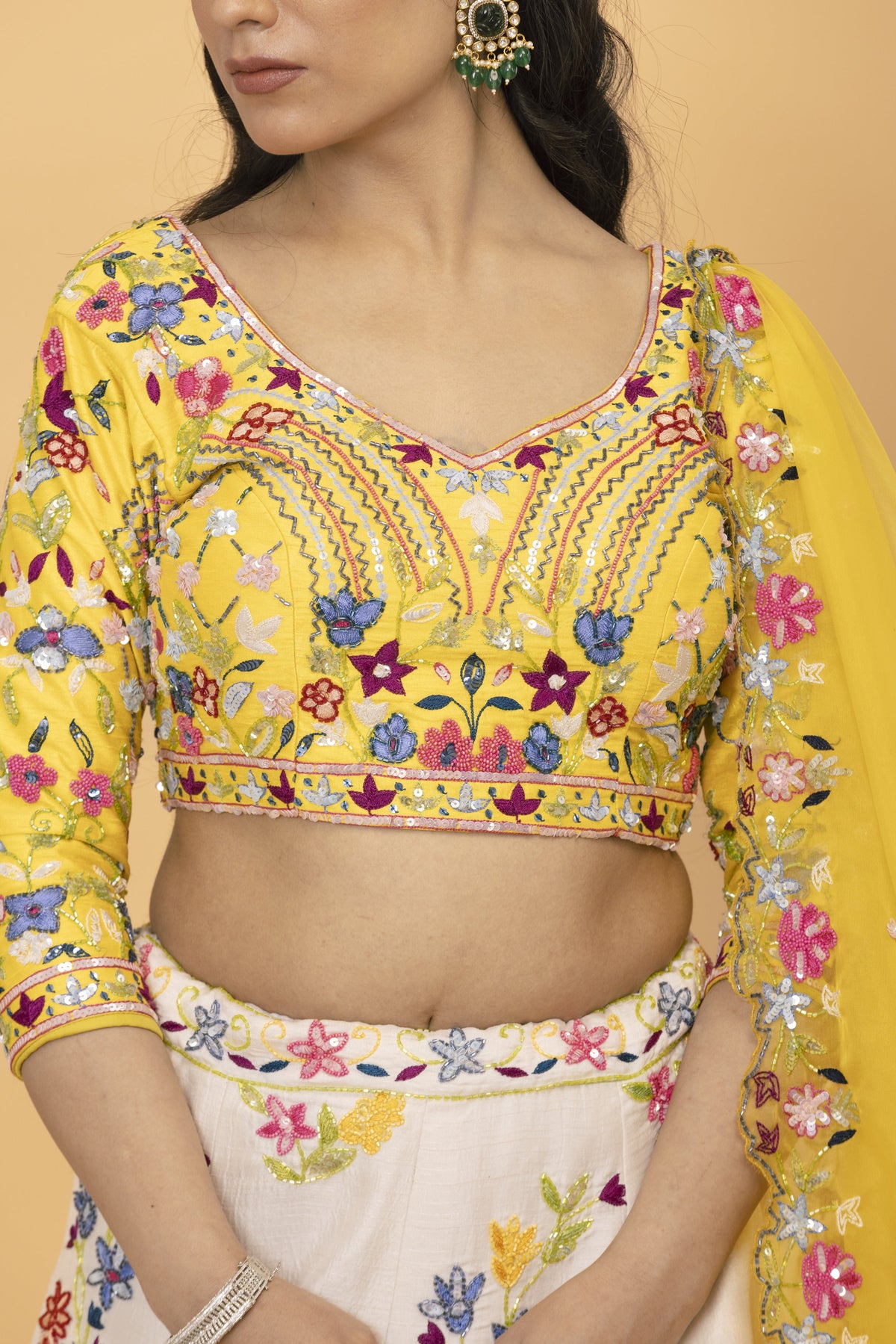 Yellow Net Multicolour Lehenga