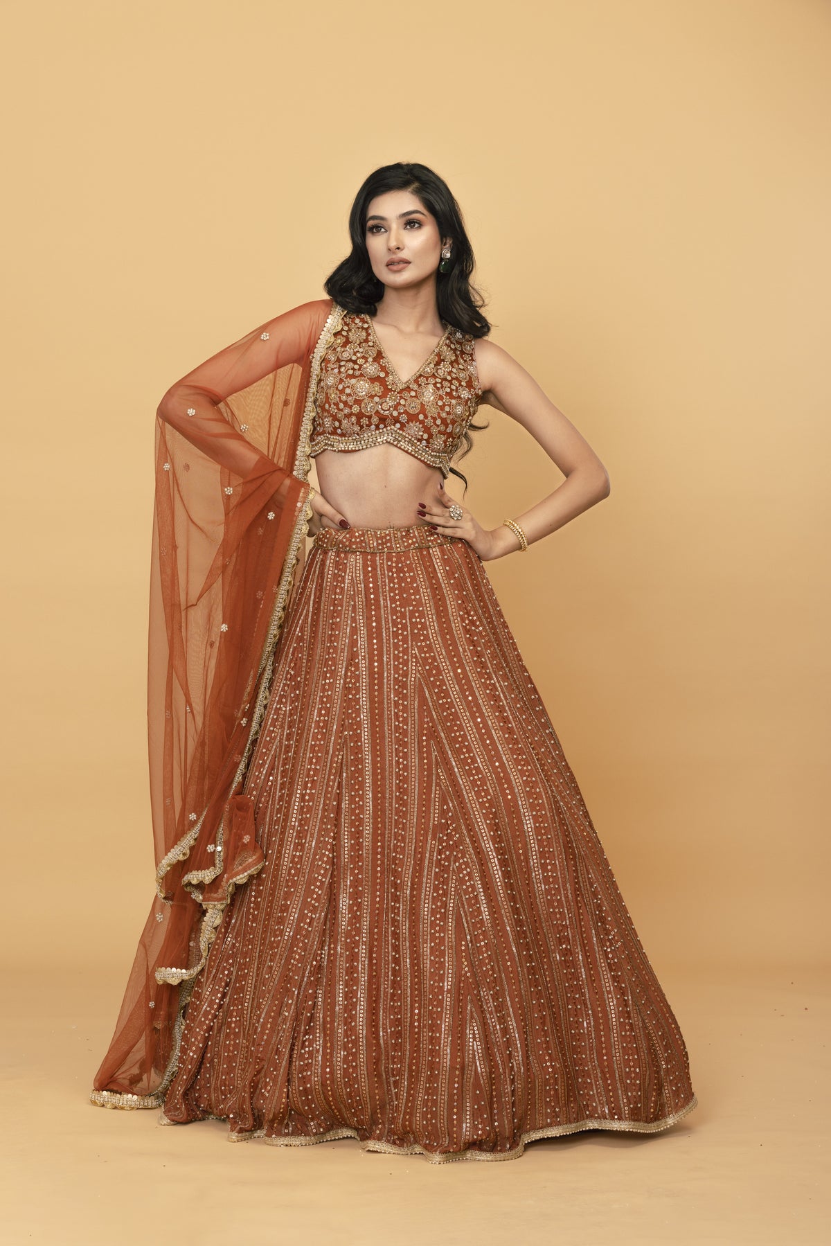 Rust Chinon Lehenga