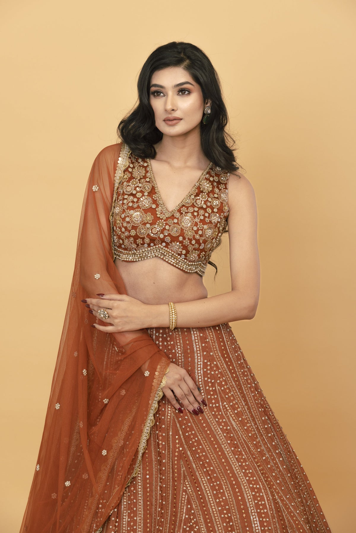Rust Chinon Lehenga