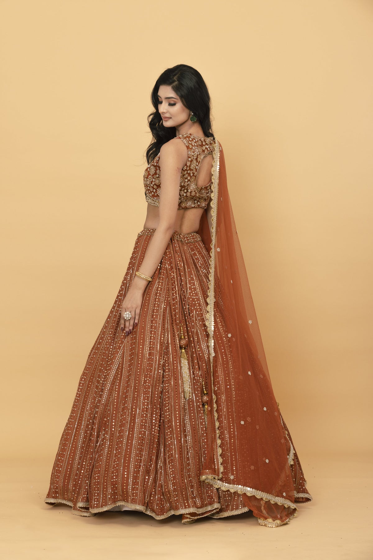 Rust Chinon Lehenga