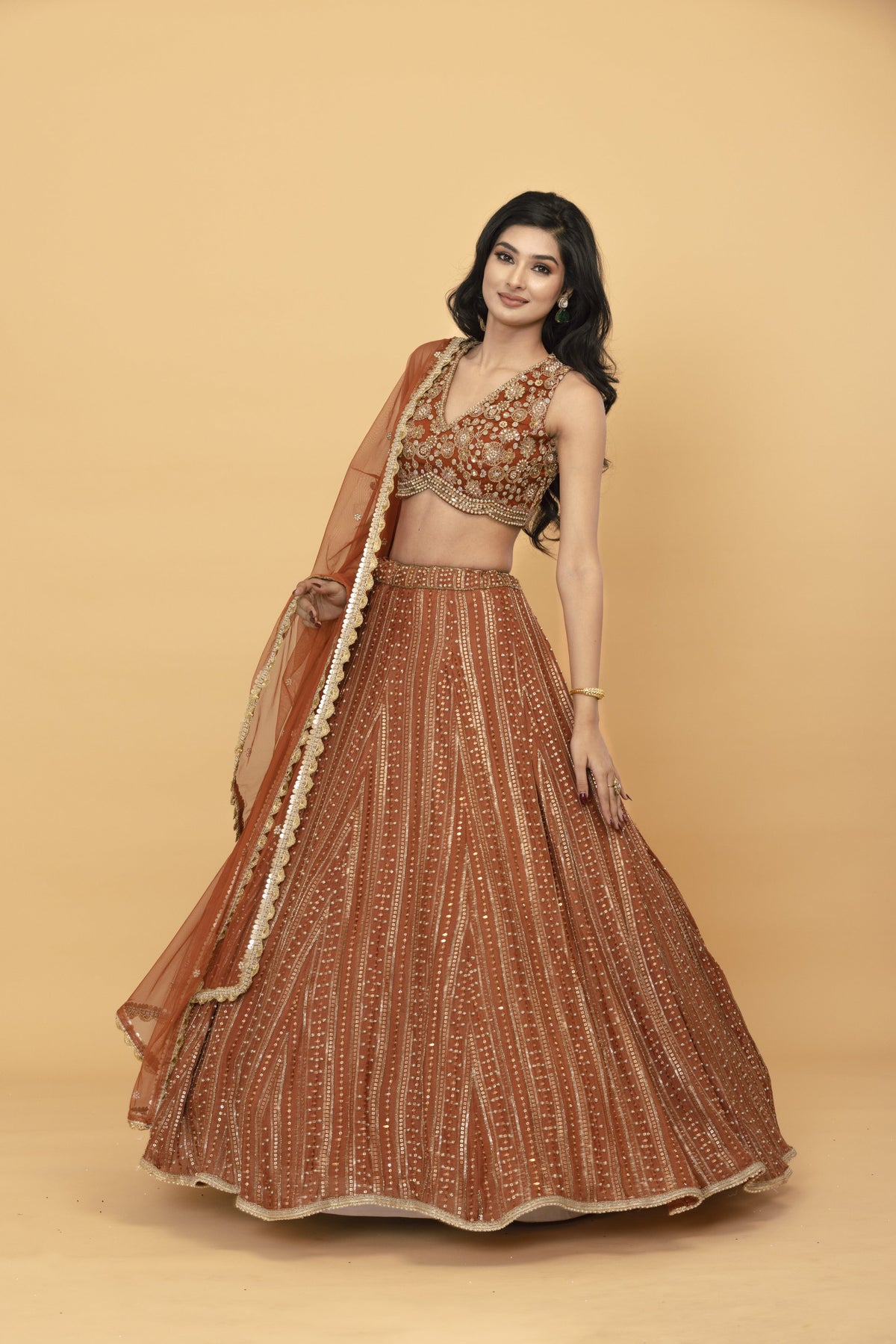 Rust Chinon Lehenga