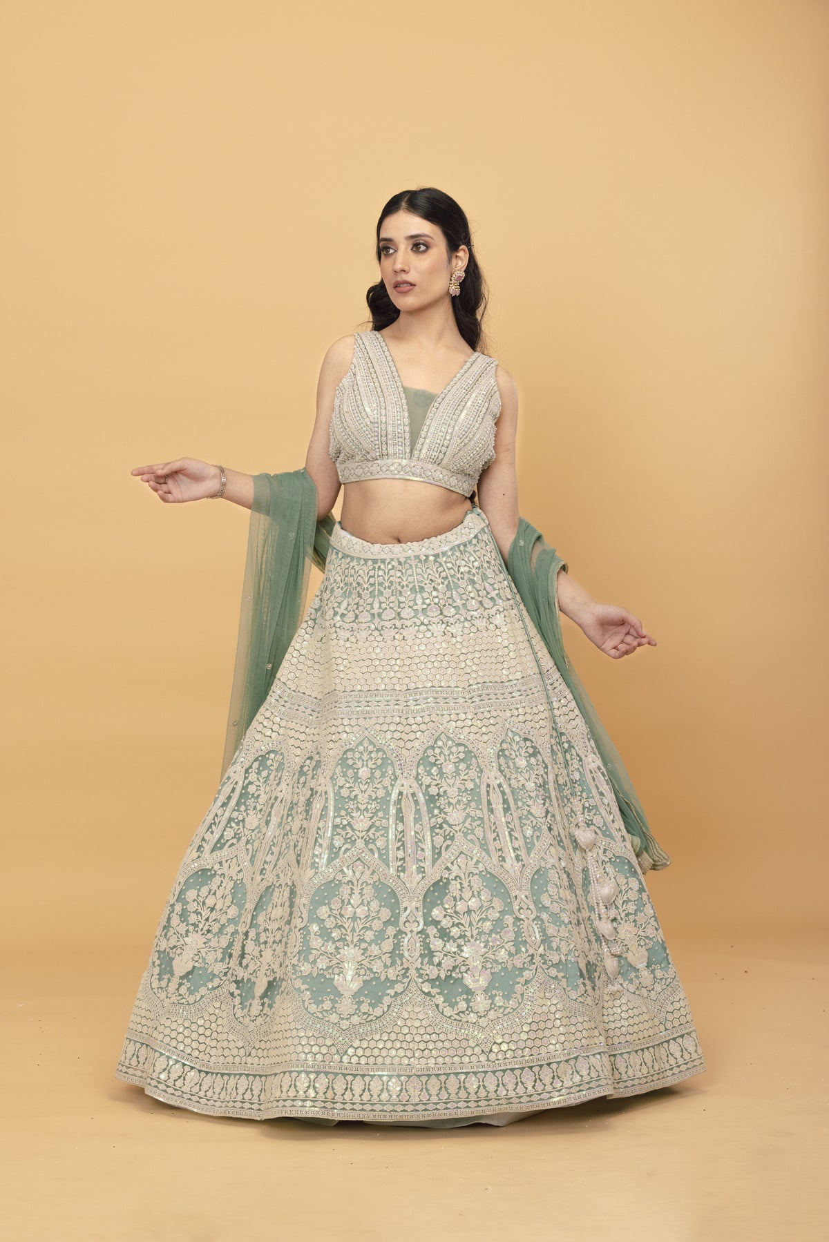 Green Kali Net Lehenga