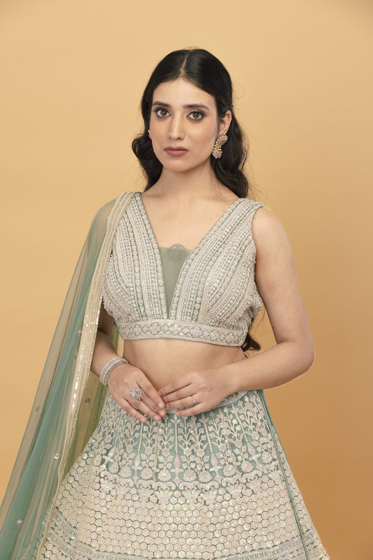 Green Kali Net Lehenga