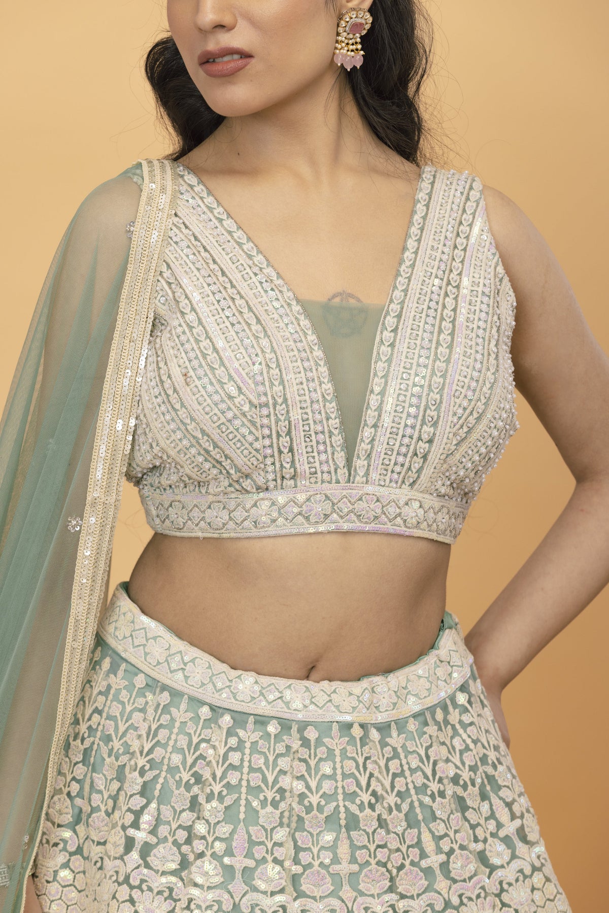 Green Kali Net Lehenga