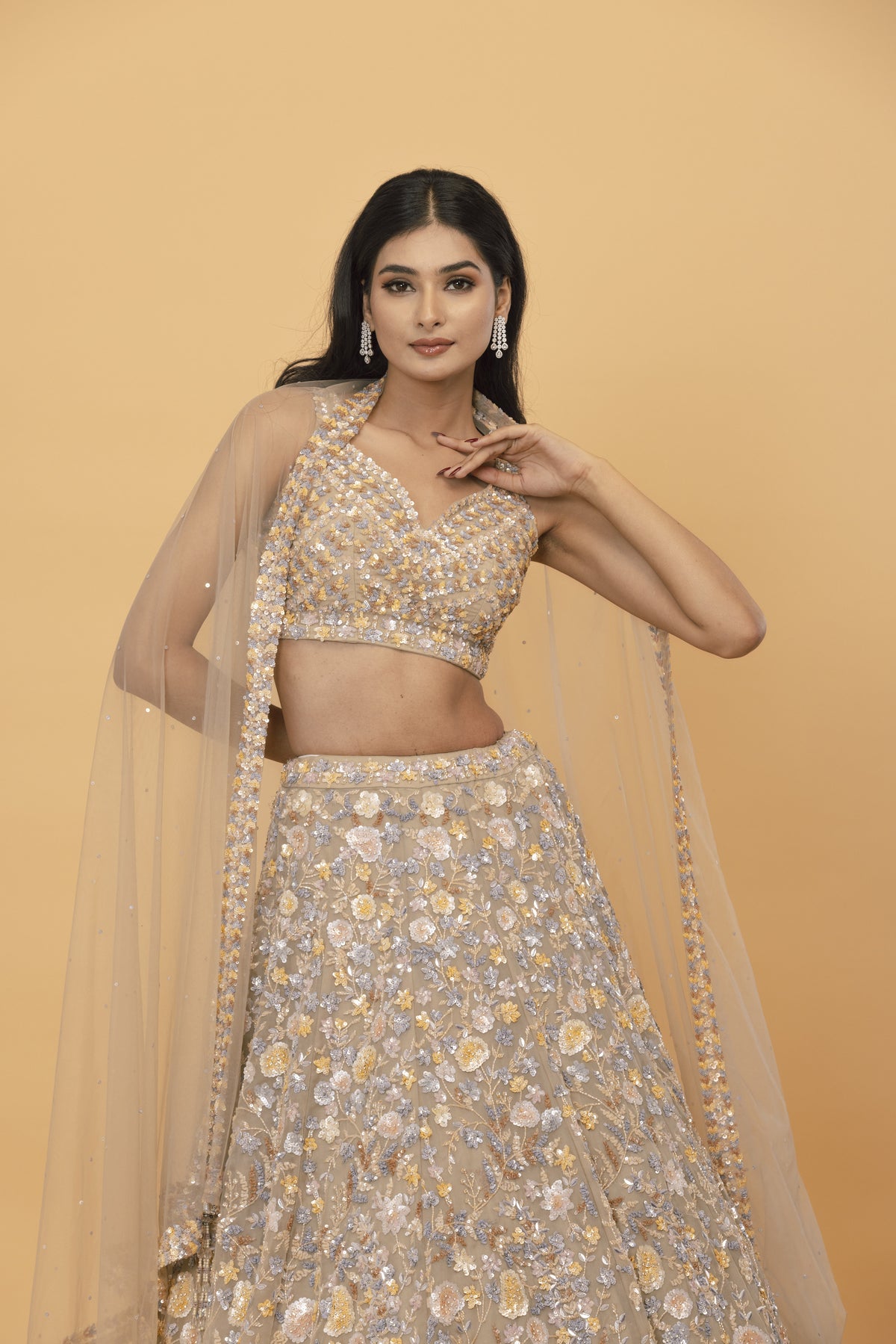 Multi Sequin Net Lehenga