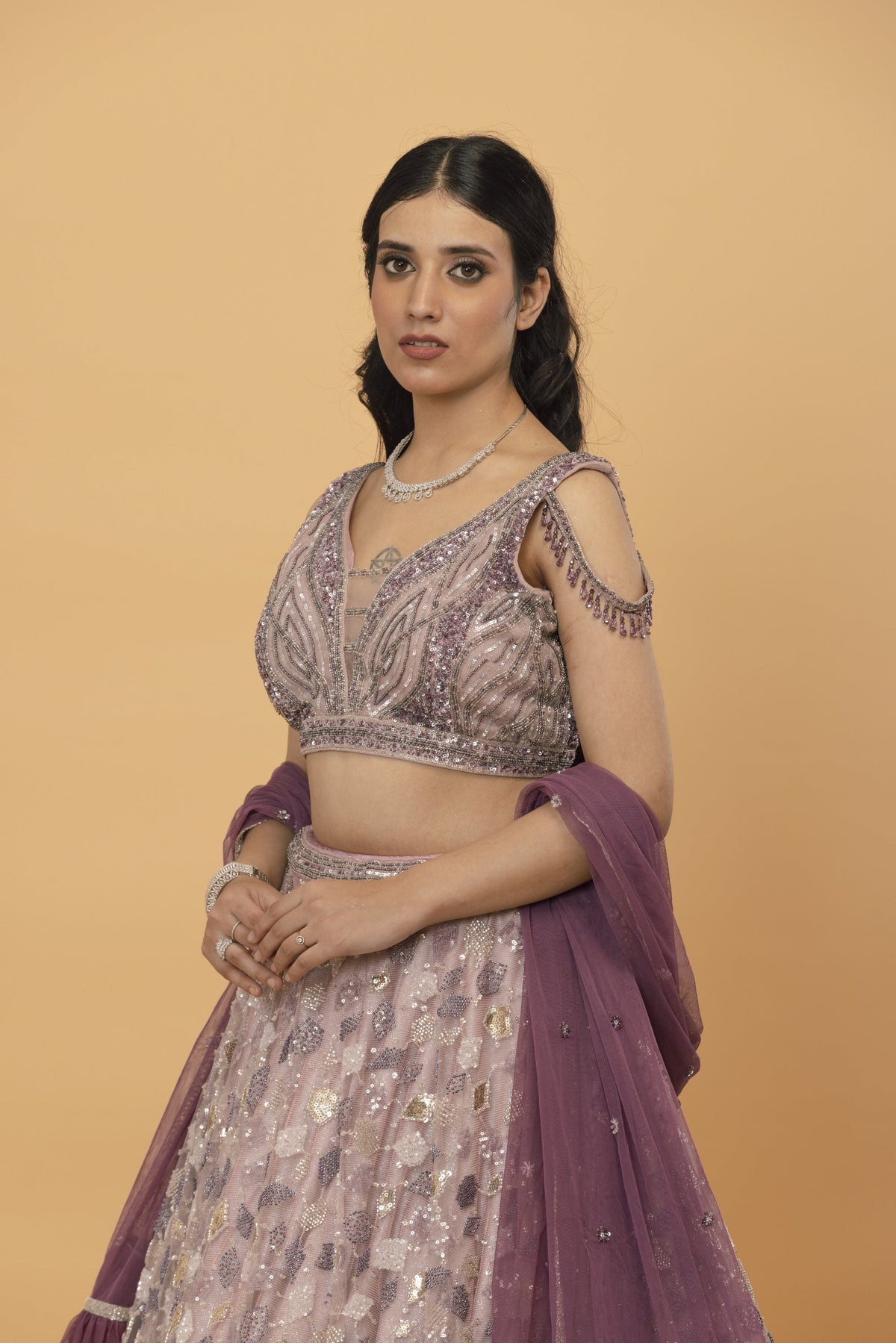 Dust Rose Net Lehenga