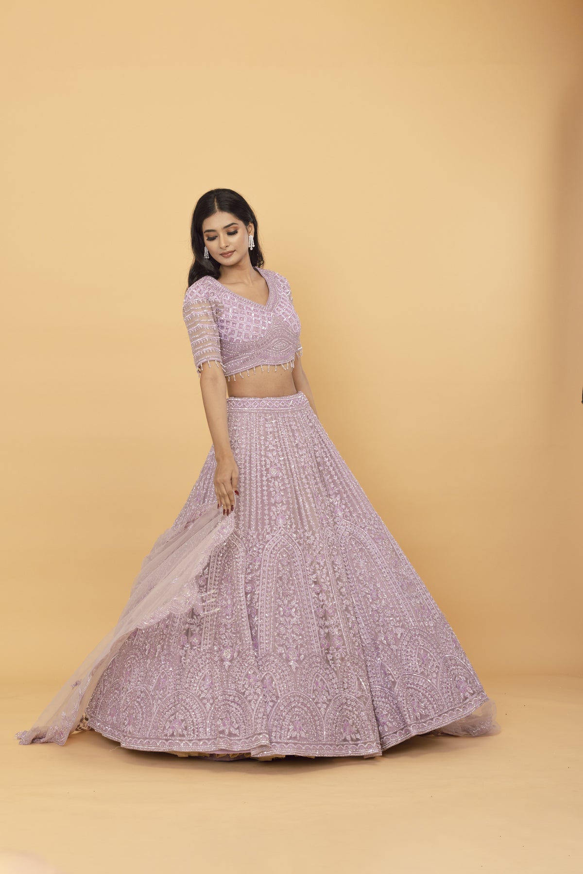 Lavender Net Lehenga with Cutdana Work