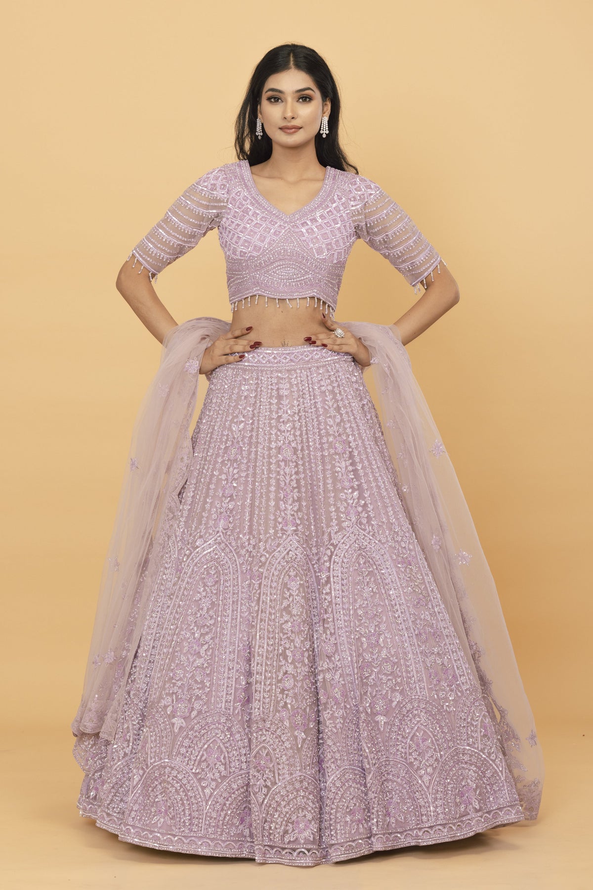 Lavender Net Lehenga with Cutdana Work