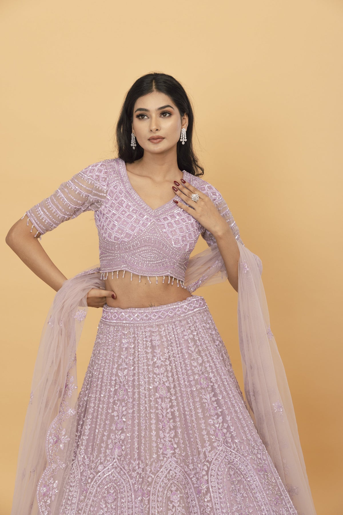 Lavender Net Lehenga with Cutdana Work