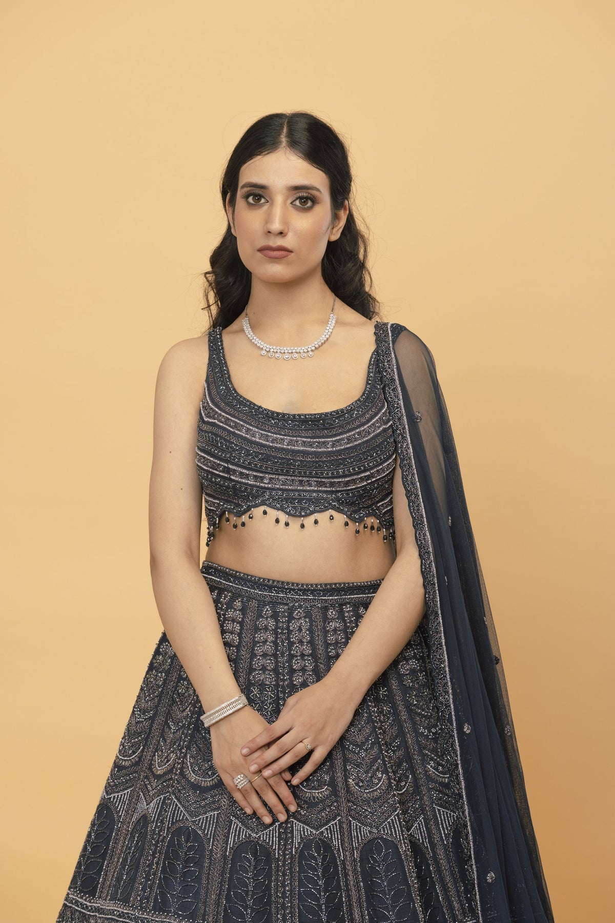 Charcoal Grey Embroidered Silk Lehenga
