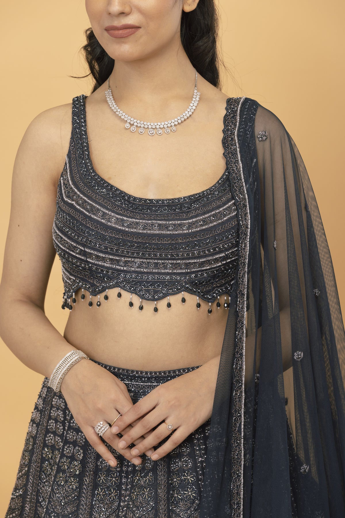 Charcoal Grey Embroidered Silk Lehenga
