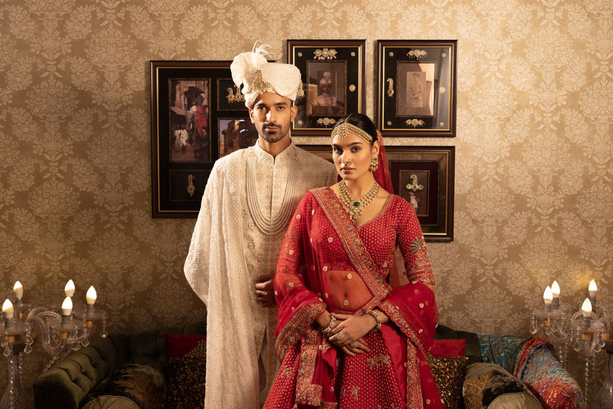 Red Silk Bridal Lehenga with Cutdana & Sequins Embellishments and Double Dupatta