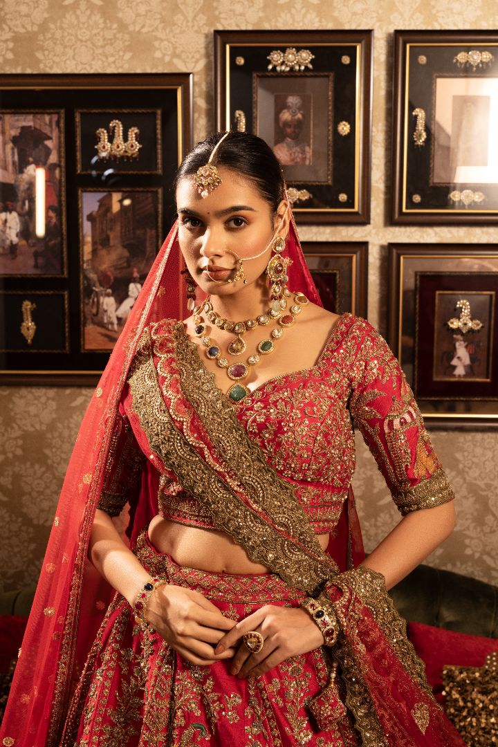 Red Bridal Kali Lehenga - Hand Embroidered Silk Wedding Lehenga with Zari Work