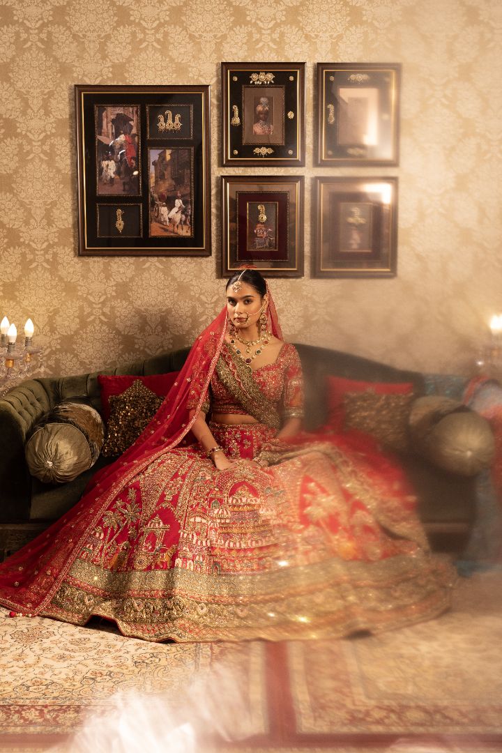 Red Bridal Kali Lehenga - Hand Embroidered Silk Wedding Lehenga with Zari Work