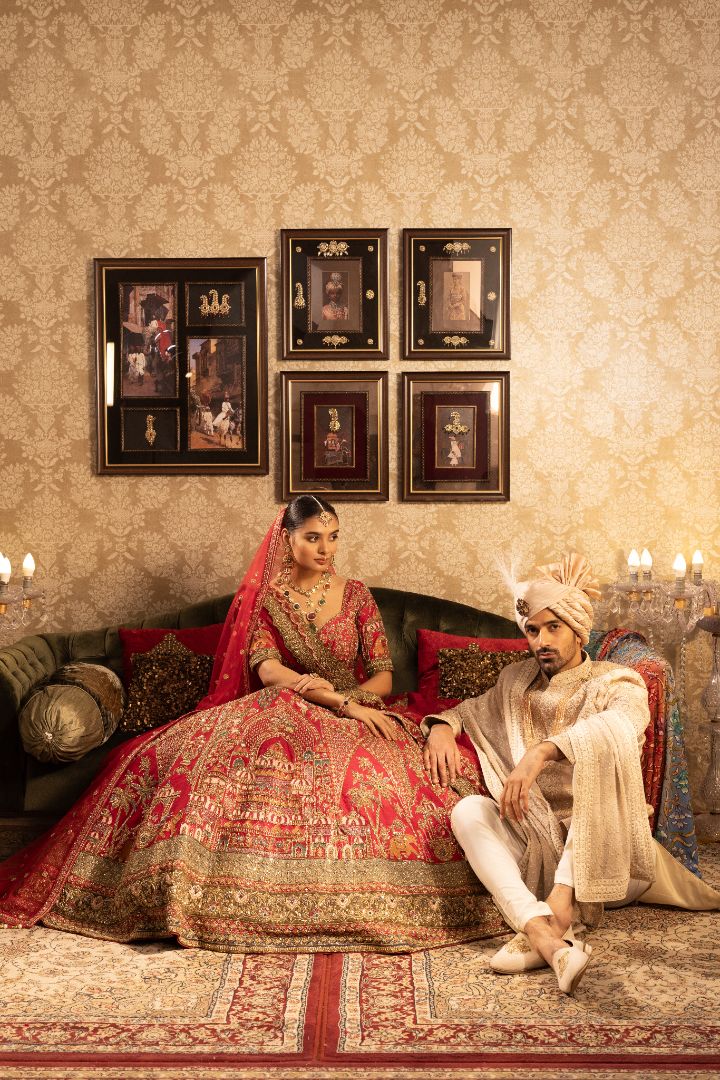 Red Bridal Kali Lehenga - Hand Embroidered Silk Wedding Lehenga with Zari Work