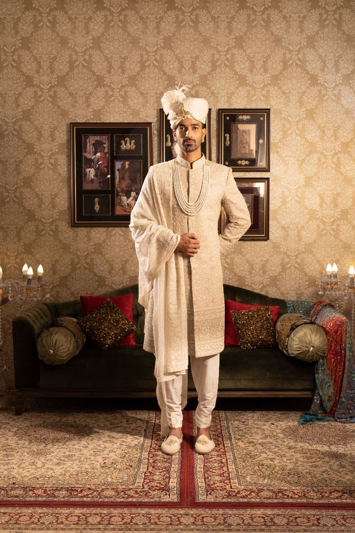 Beige Sherwani for Groom with Mala and Stole