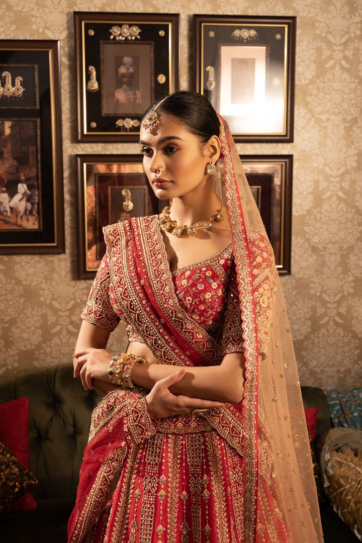 Red Bridal Lehenga - Handcrafted Silk Wedding Lehenga with Zari Embroidery