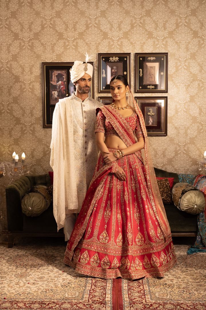 Beige Sherwani for Groom with Mala and Stole