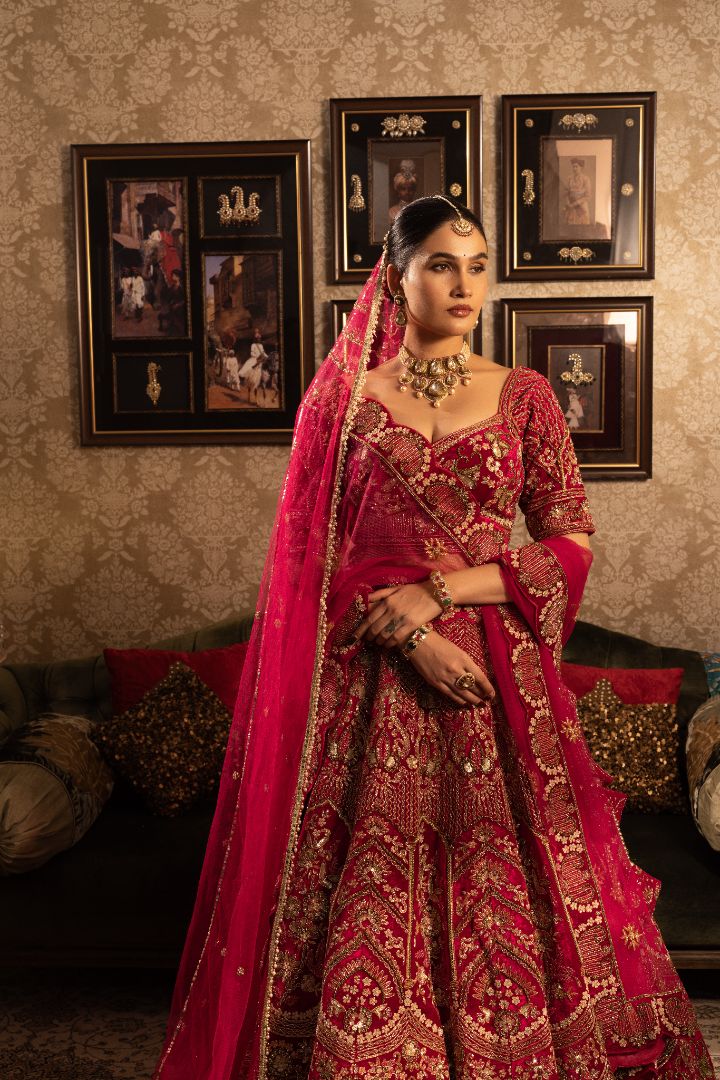 Maroon Velvet Bridal Lehenga with Heavy Zari Embroidery