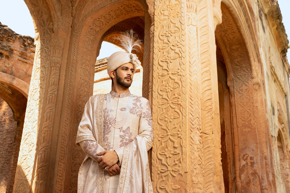 Cream Silk Sherwani with Pot Embellishments