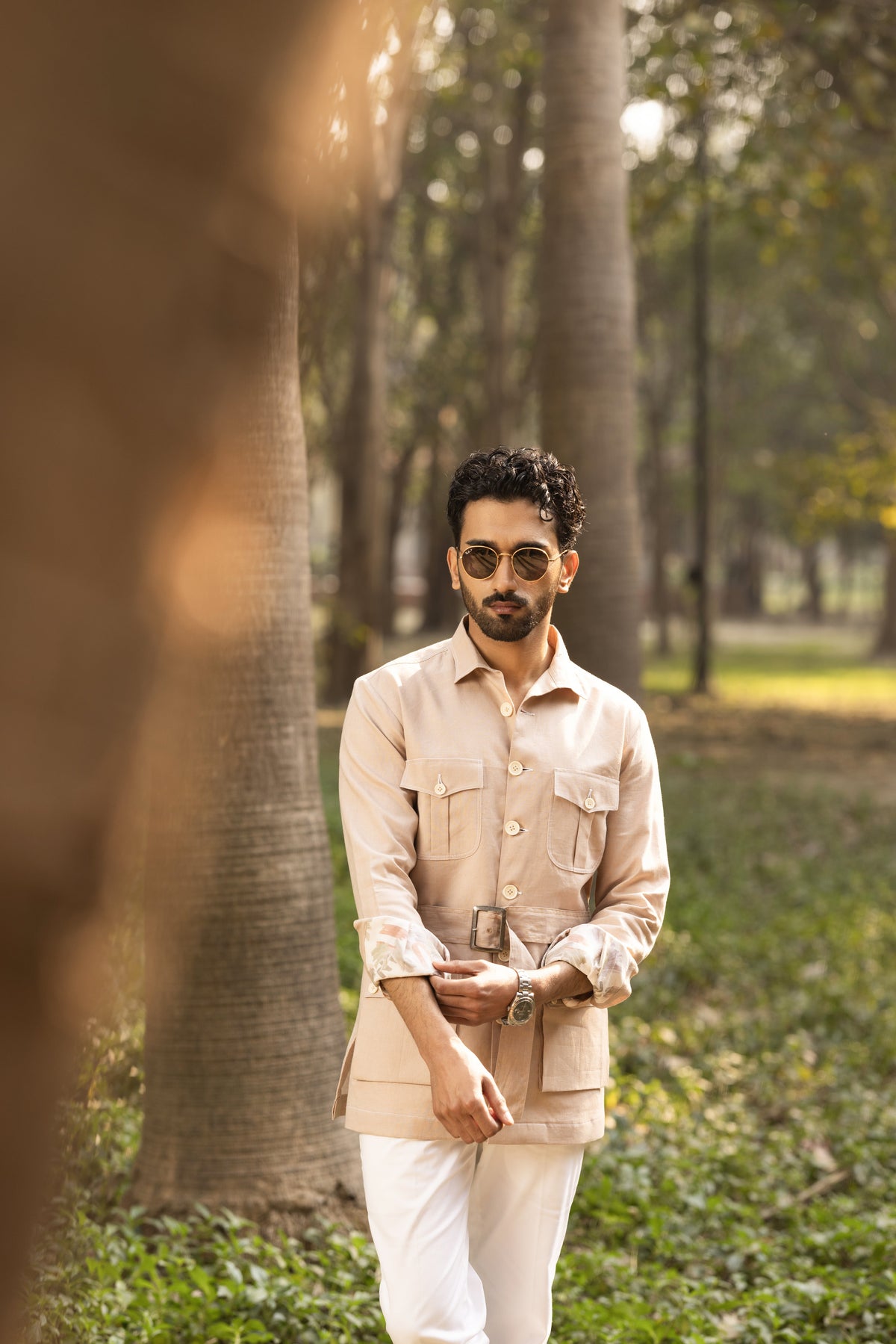 Light Brown Buckle Safari Shirt for Men