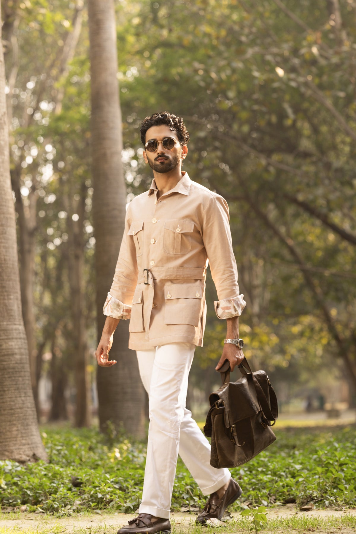 Light Brown Buckle Safari Shirt for Men
