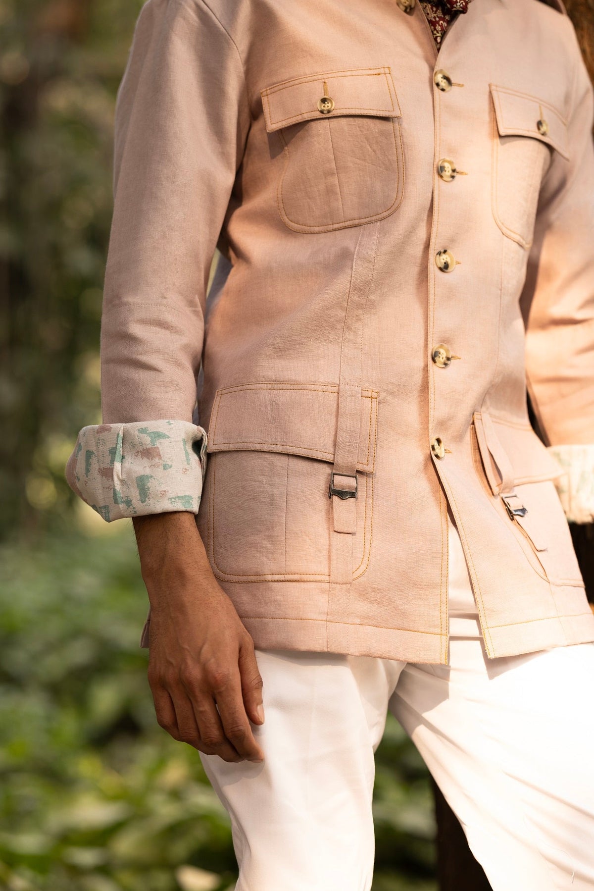 Beige Linen Safari Shirt for Men