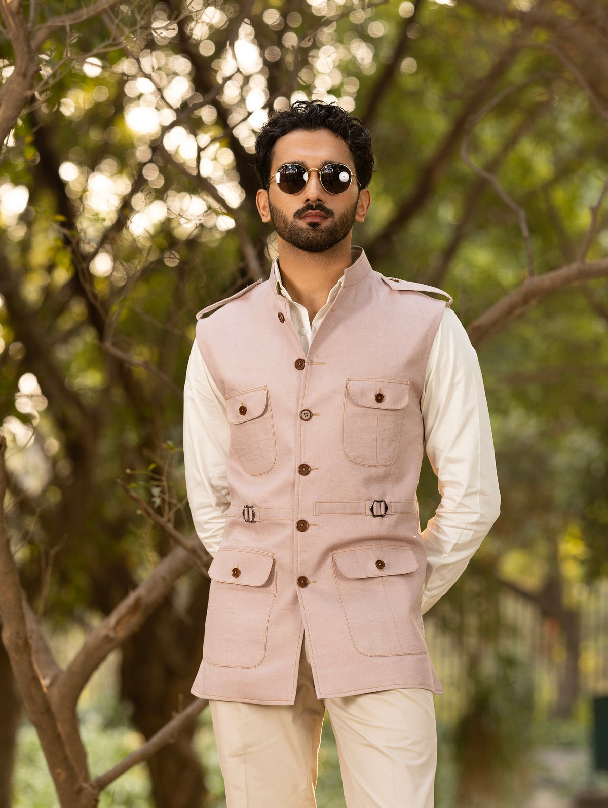 Light Pink Safari Sadri with Epaulettes & Contrast Stitc