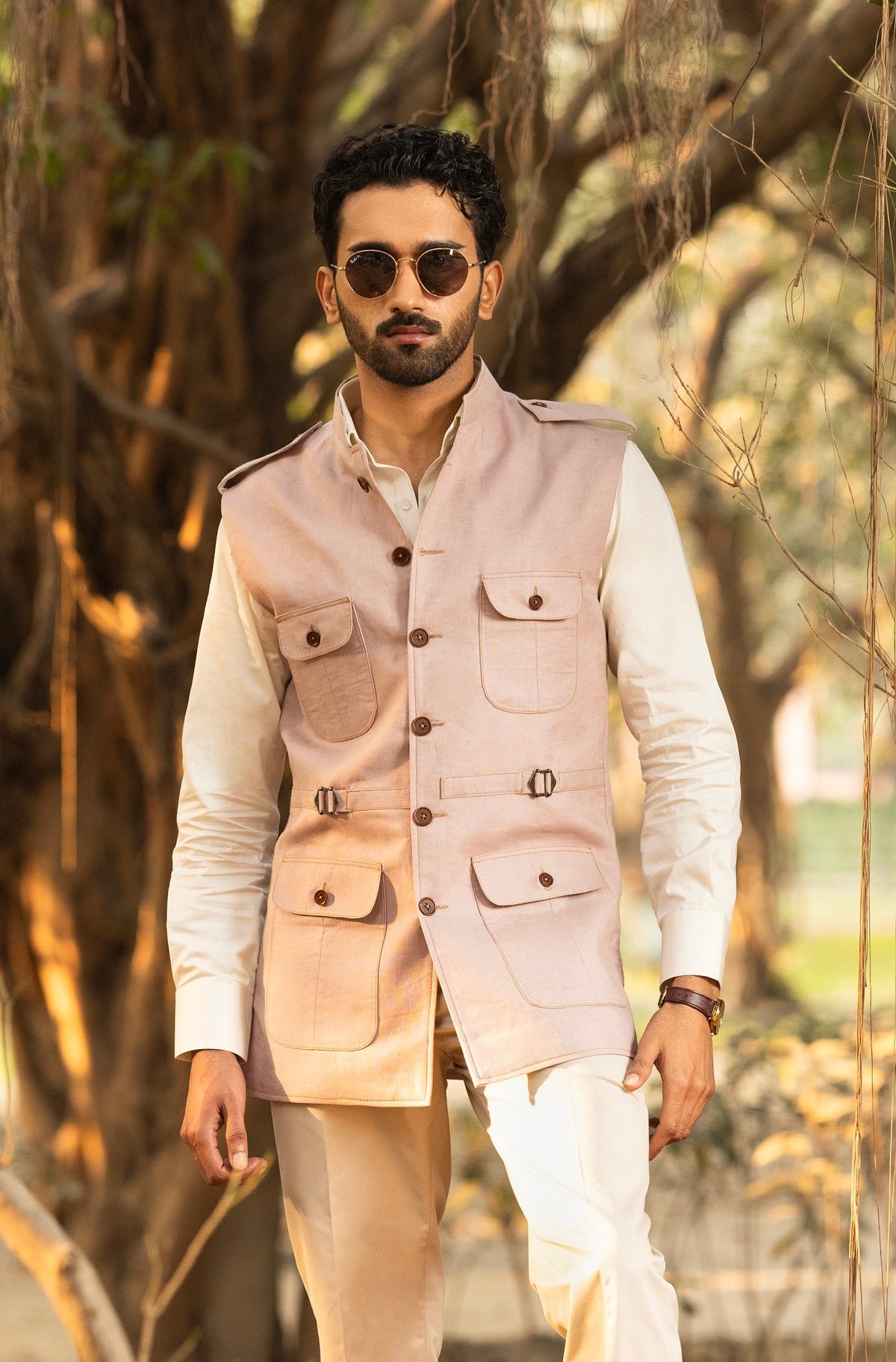 Light Pink Safari Sadri with Epaulettes & Contrast Stitc